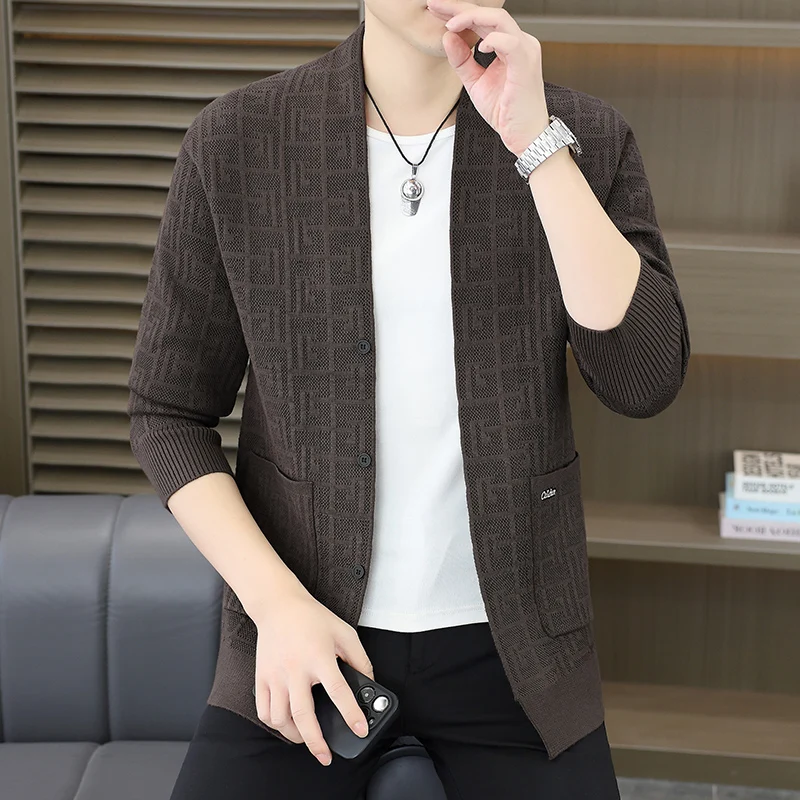 

Мужской вязаный кардиган-пуловер с V-образным вырезом, тонкий, повседневный, из мягкой полиэстеровой смеси, для осени и весны, новинка