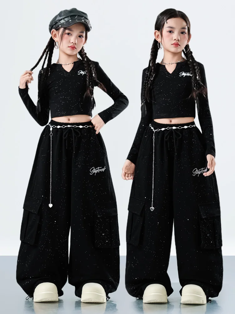 

4-18 teen girl Hip Hop Jazz Street Dance Shining clothes Set t-shirt+chain belt+wide-leg pants 3pc junior kid suit child outfits