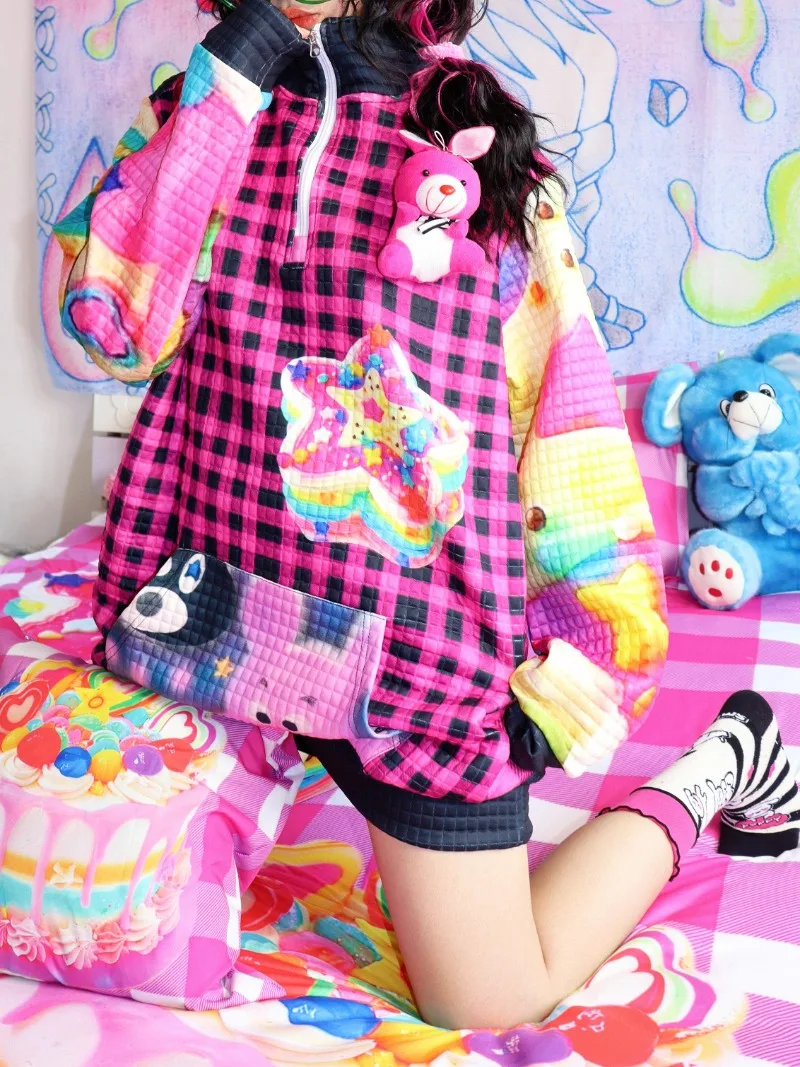 2025 Japanese Autumn and Winter Y2K Harajuku Niche Original Printed Pullover Sweater Zipper Top For Women