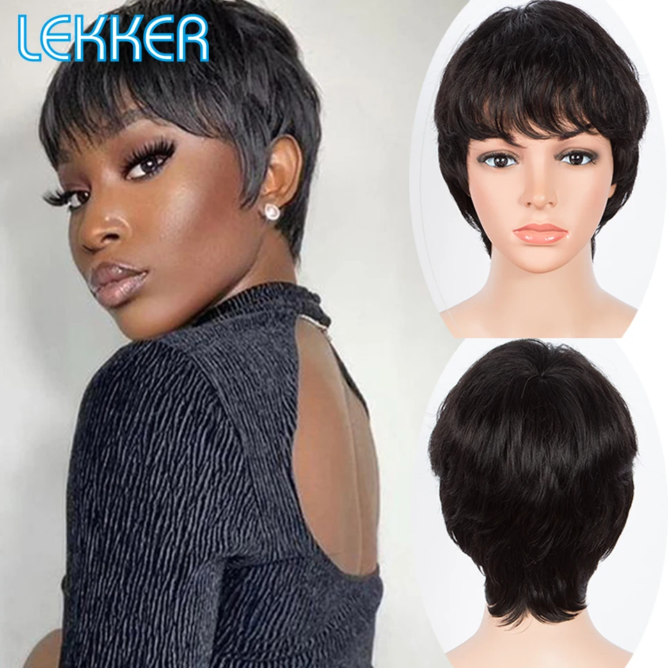 Lekker Short Straight Pixie Bob Human Hair Wig With Bangs For Women Colored Brazilian Remy Natural Hair Ombre Brown Burg Red Wig