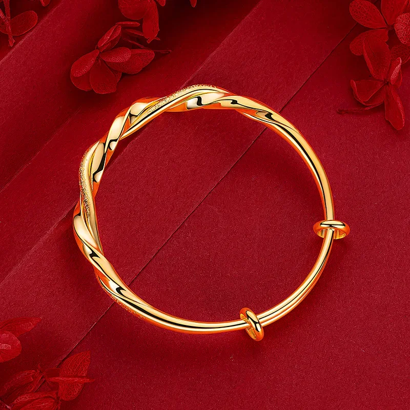 

24K Real Gold bangle 9999 Niche Premium Twist Push-Pull Half Studded Sand Half Glossy Twist Bracelet for Women Fine Jewelry