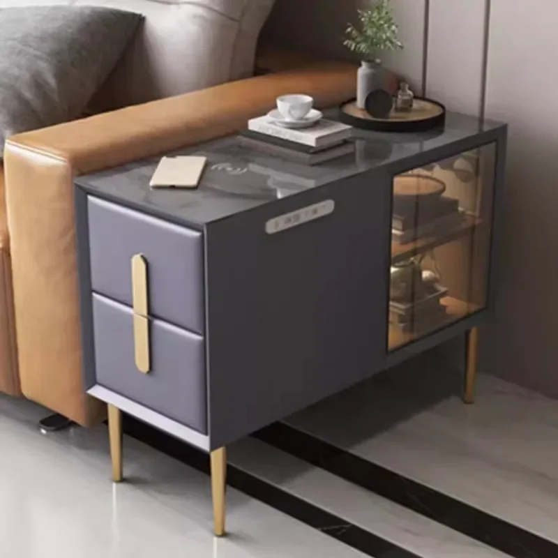 Smart sofa side cabinet side cabinet solid wood side corner luxury living room rock plate wireless USB charging locker