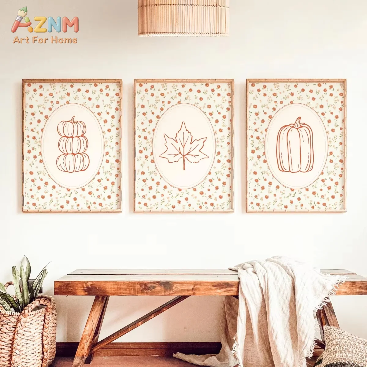 AZNM Autumn Pumpkin Maple Leaf Florals Canvas Prints Poster Rustic Cozy Farmhouse Thanksgiving Art Prints Fall Home Decor