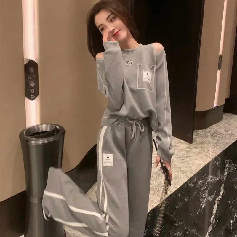 Cotton Sweatshirt Sport Women\'s Pants Two Piece Set Spring Autumn Ladies Trouser Tracksuit Grey Outfit Clothes Y2k Streetwear D