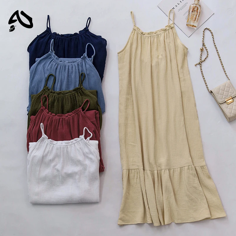 Original Muslin 100% Cotton Gauze Long Dresses For Women Adjustable Strap Sleeveless Ruched Holiday Boho Sundress Maxi Dress