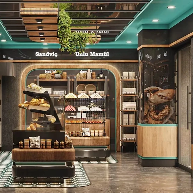 

Customized Coffee Shop Furniture Design Custom Cake Shop Counter Wooden Coffee Shop Supplies Display Shelf