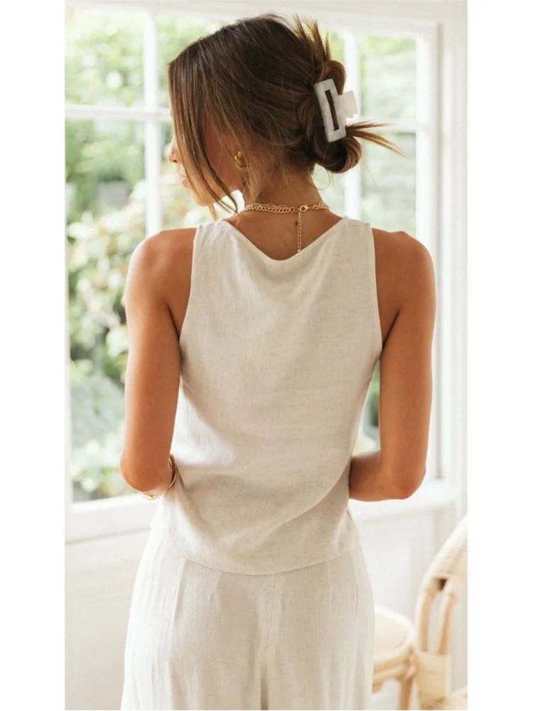 Letni dwuczęściowy zestaw damski w jednolitym kolorze z dekoltem w serek, modny bezrękawnik z sznurowaniem + spodnie z szerokimi nogawkami, elegancki strój do biura.