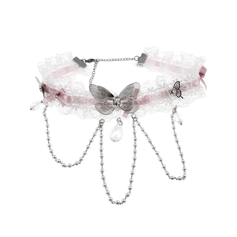 كريستال مقوس دانتيل المختنق اللؤلؤ شرابة لوليتا حجر الراين قلادة قلادة الترقوة سلسلة المرأة الرقبة مجوهرات فراشة قلادة #6