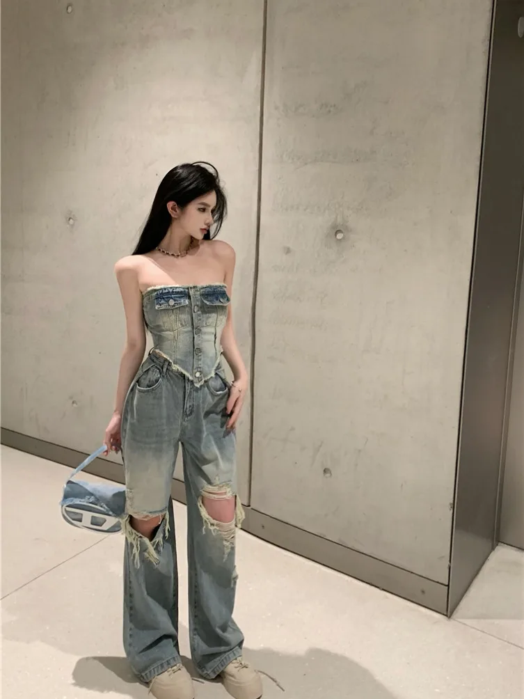 Setelan Dua Potong Atasan Crop Top Slim Fit Seksi dan Celana Jeans Distressed untuk Wanita, Bahan Poliester, Celana Panjang dengan Ritsleting