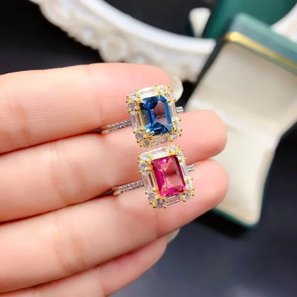 

6mm*8mm 1.2ct Natural Topaz Ring for Engagement VVS Grade Pink and London Blue Topaz 925 Silver Ring with 3 Layers Gold Plating