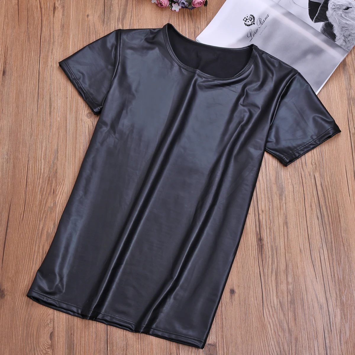 Men\'s Leather T-Shirts Elastic Fashion PU Leather Tees Camisa