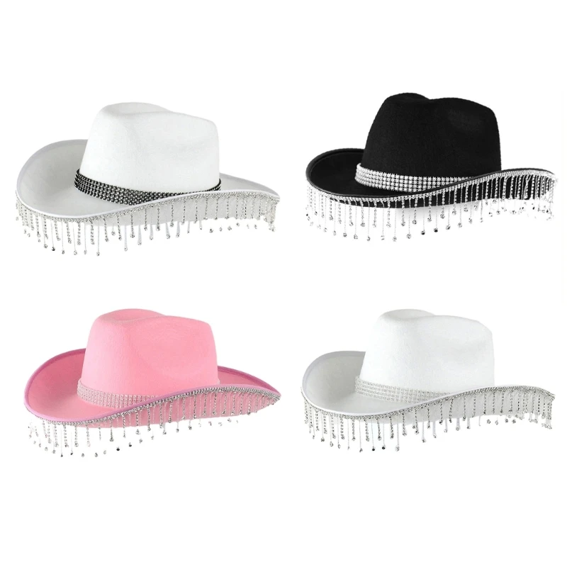 Fringed Diamond Cowgirl Hat Wide Brim Cowboy Teens Lady Party Wear Costume