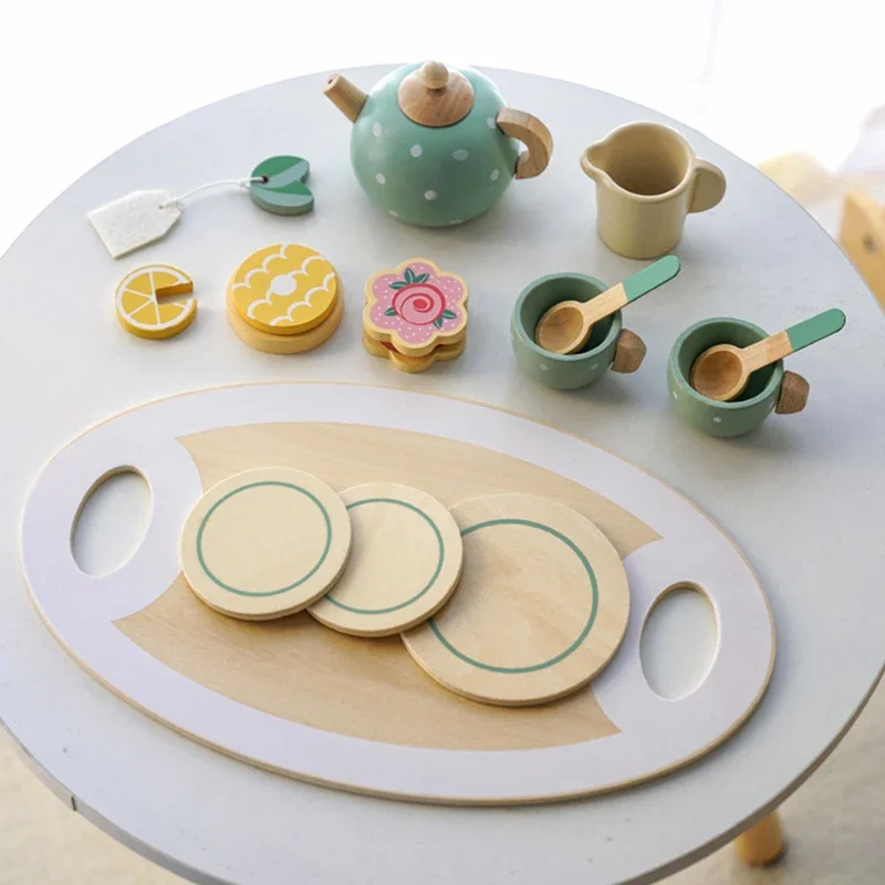 Wooden Afternoon Tea Set Toy Kitchen Accessories Tea Party Food Play Early Educational Toys for Toddlers Girls Boys Kids Gifts