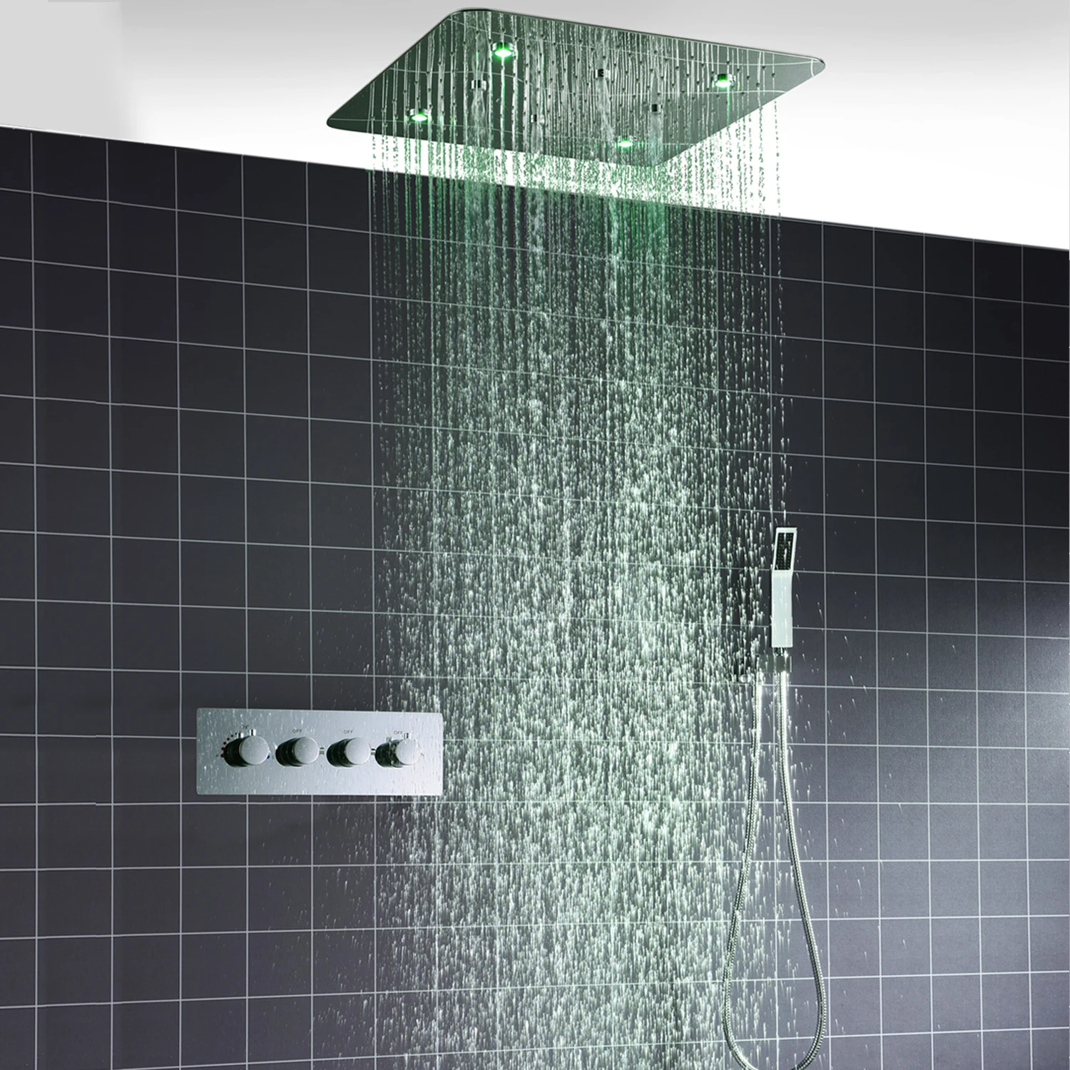 

20 Inch Ceiling LED Shower System Set Batroom SPA Rainfall Showerhead Panel Thermostat 3 Ways Diverter Valve