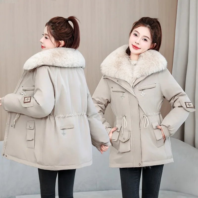 2026 New Women Winter Jacket Slim Mid Long Coat Casual Parkas Big Fur Collar Fleece Liner Outwear Female Snow Warm Cotton Coats