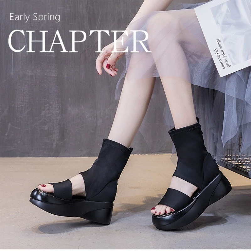 

Women's Peep Toe Chunky Platform Sandals Ankle Booties Stretch Breathable Summer Slip On Casual Shoes Black EU 34-39 New Fashion