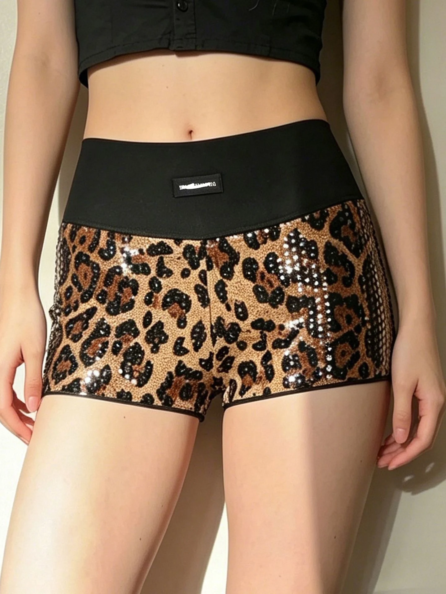 Low Waist Leopard Print Sequin Patchwork Casual Shorts Women's Slim Fit Dance Hot Pants Trendy Bell Bottoms Casual Pants