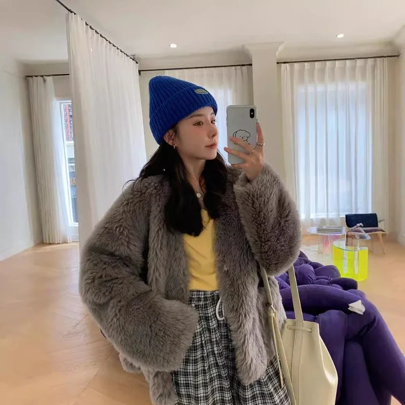 Shearling V-Neck Leather Jacket Shearling Coat Tened Fur Jacket Luxury Overcoat High uality, Autumn, Winter, New, Uscan 2024