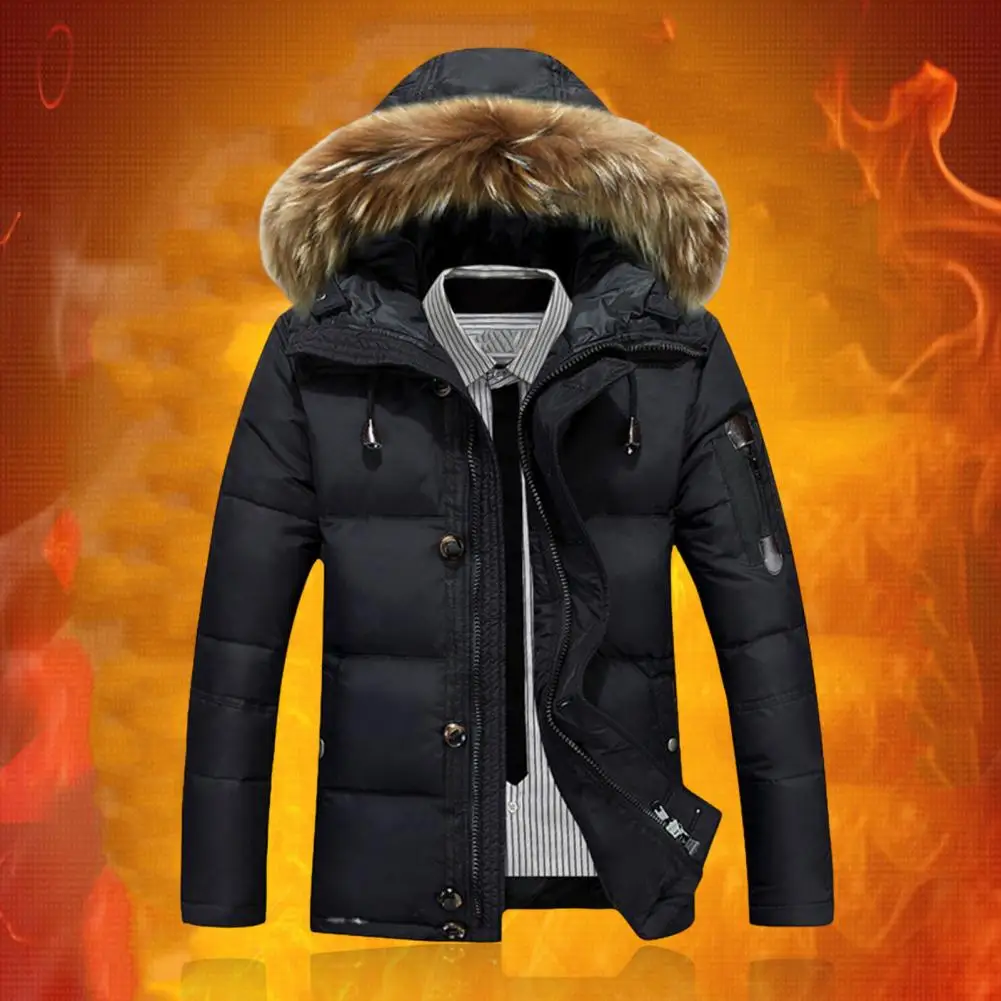 Piumino da uomo collo in pelliccia con cappuccio coulisse manica lunga tinta unita cappotto invernale tasche con cerniera tasche con abbottonatura piumino addensato Outwear