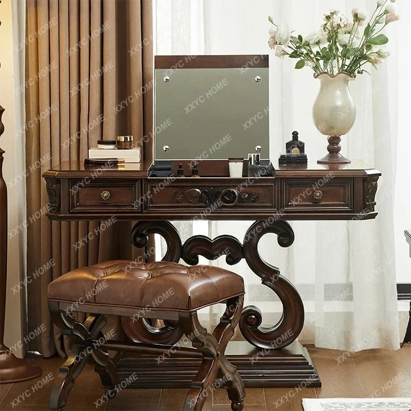 

A American pure solid wood dresser villa carved classical makeup table with flip cover