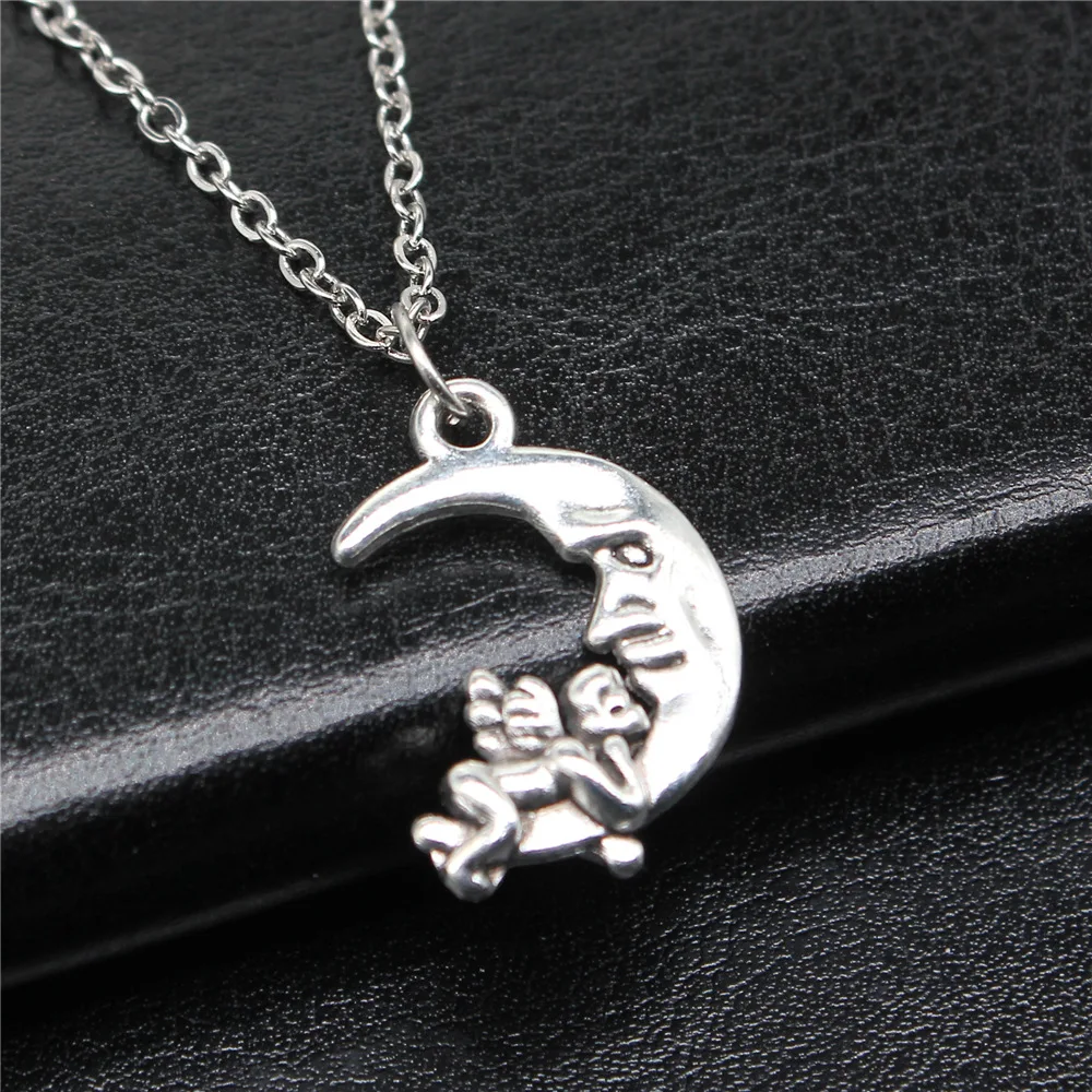 Simple Classic Fashion 22x16mm Antique Silver Color Moon Angel Pendant Girl Women Short Chain Necklaces Choker Necklace