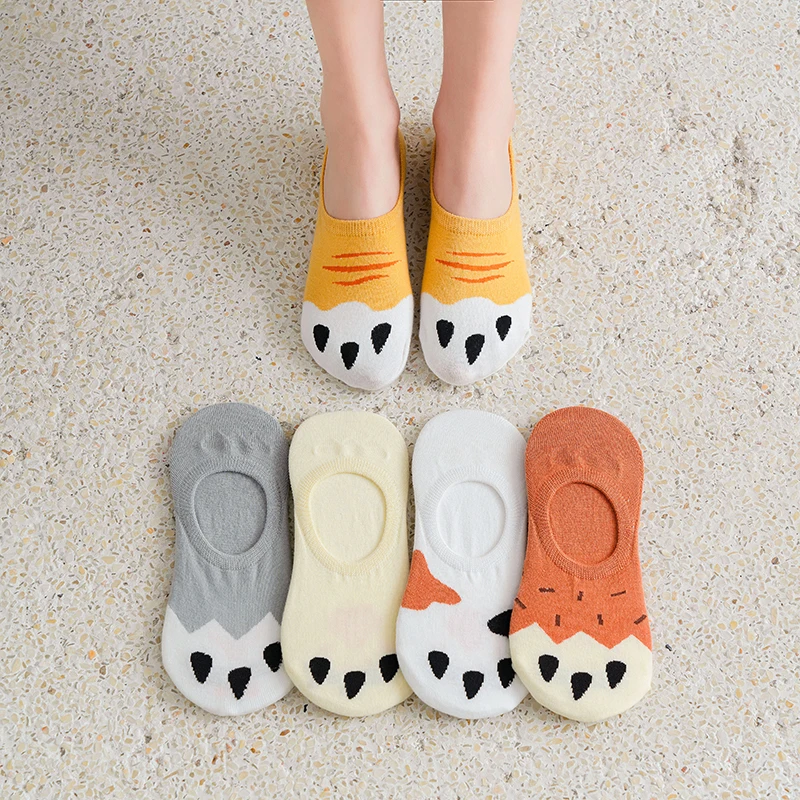 

5 Pairs Spring Summer Women Socks Leisure Sweat Wicking Breathable Silicone Anti slip Cute Cartoon Cat Paws Funny Invisible Sock