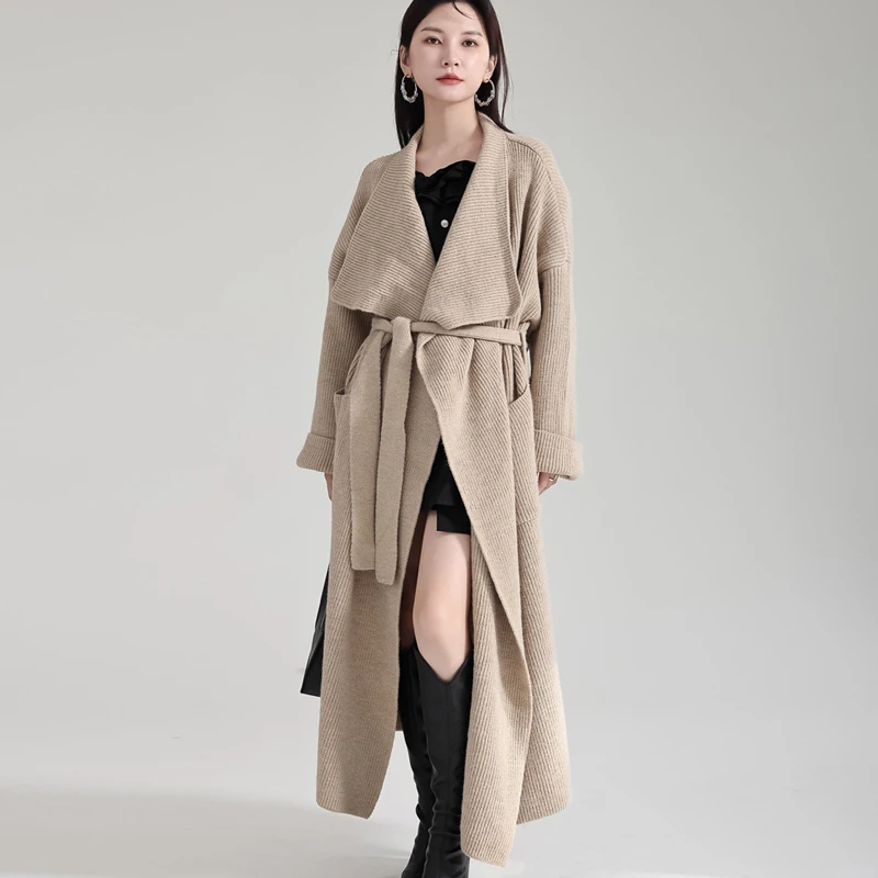 Johnature 2024 New French Vintage Big Lapel Knitted Long Coat Casual Thick Sweater Cardigan Waistband Slouchy Knit Women Coats