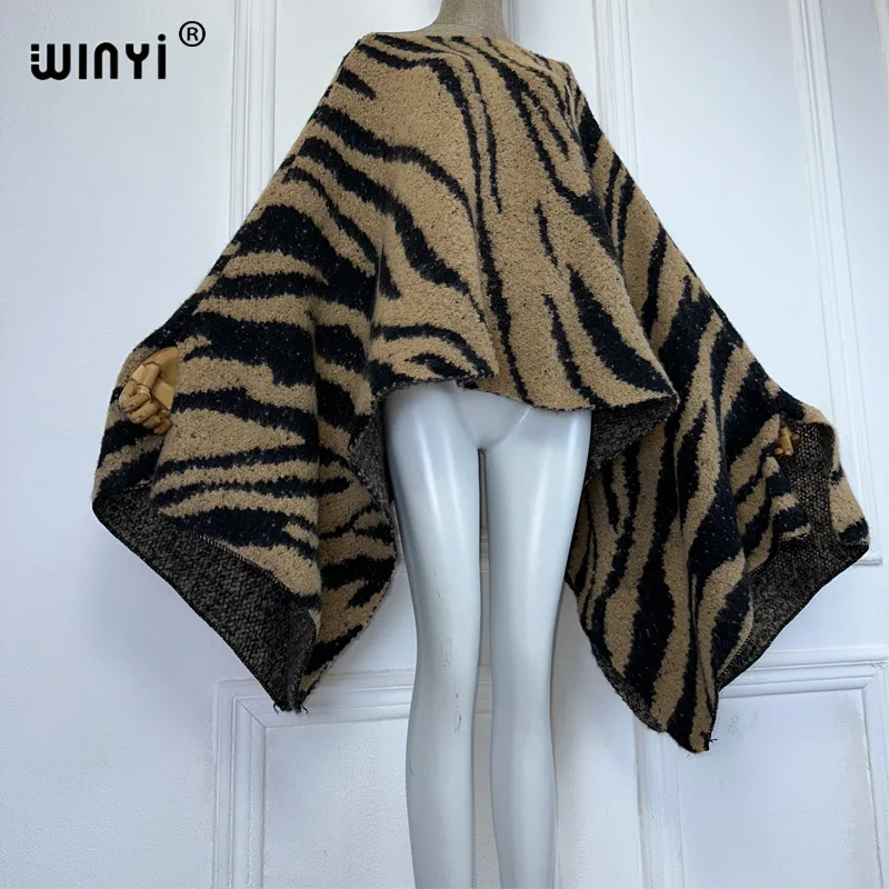 WINYI winter Zebra print dress black fashion cape Holiday dress Elegant party winter ponchos for women loose cloak