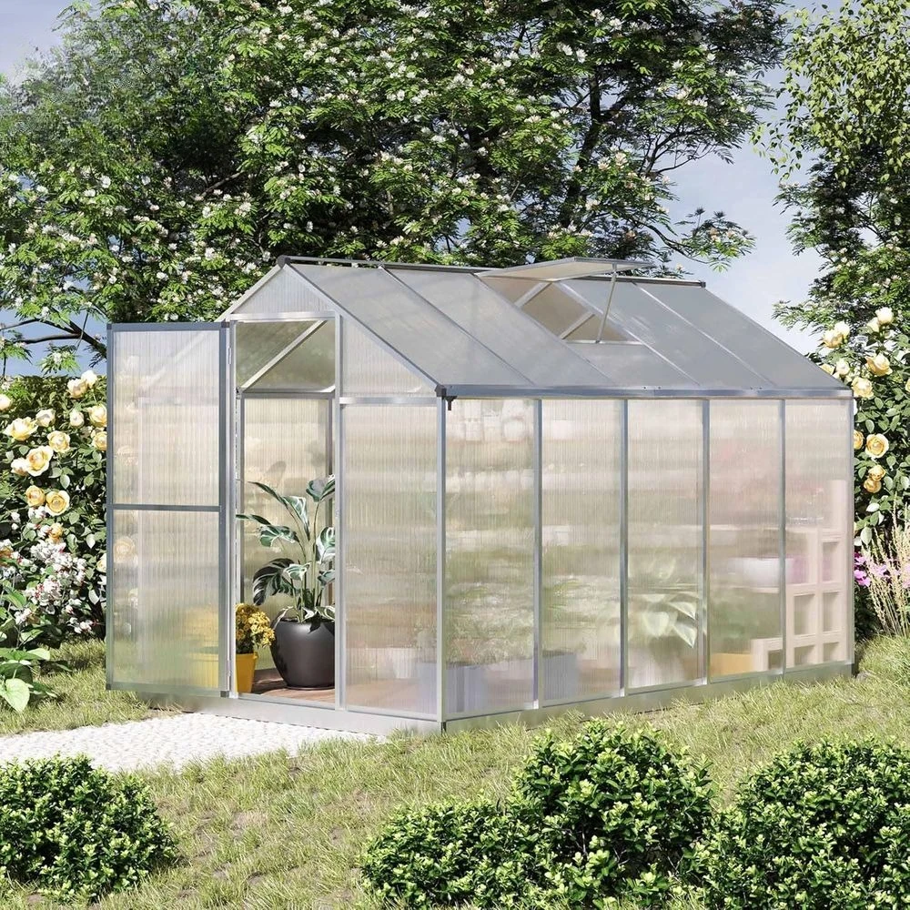 6ft x 10ft Walk-In Polycarbonate Greenhouse with Gutter and Roof Vent for Outdoor Gardening