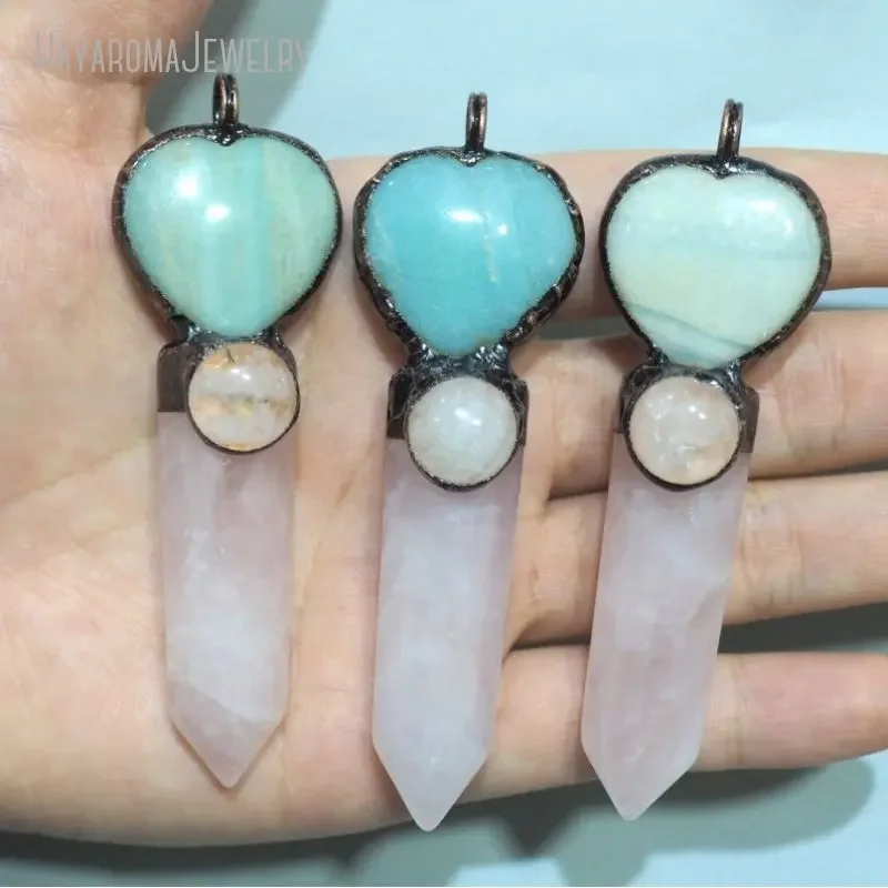 

10pcs Love Amazonite Rose Quartz Heart Stone Necklace Pendulum Pendant Woman Healing Crystal Jewelry Colar Chakra Reiki Charm