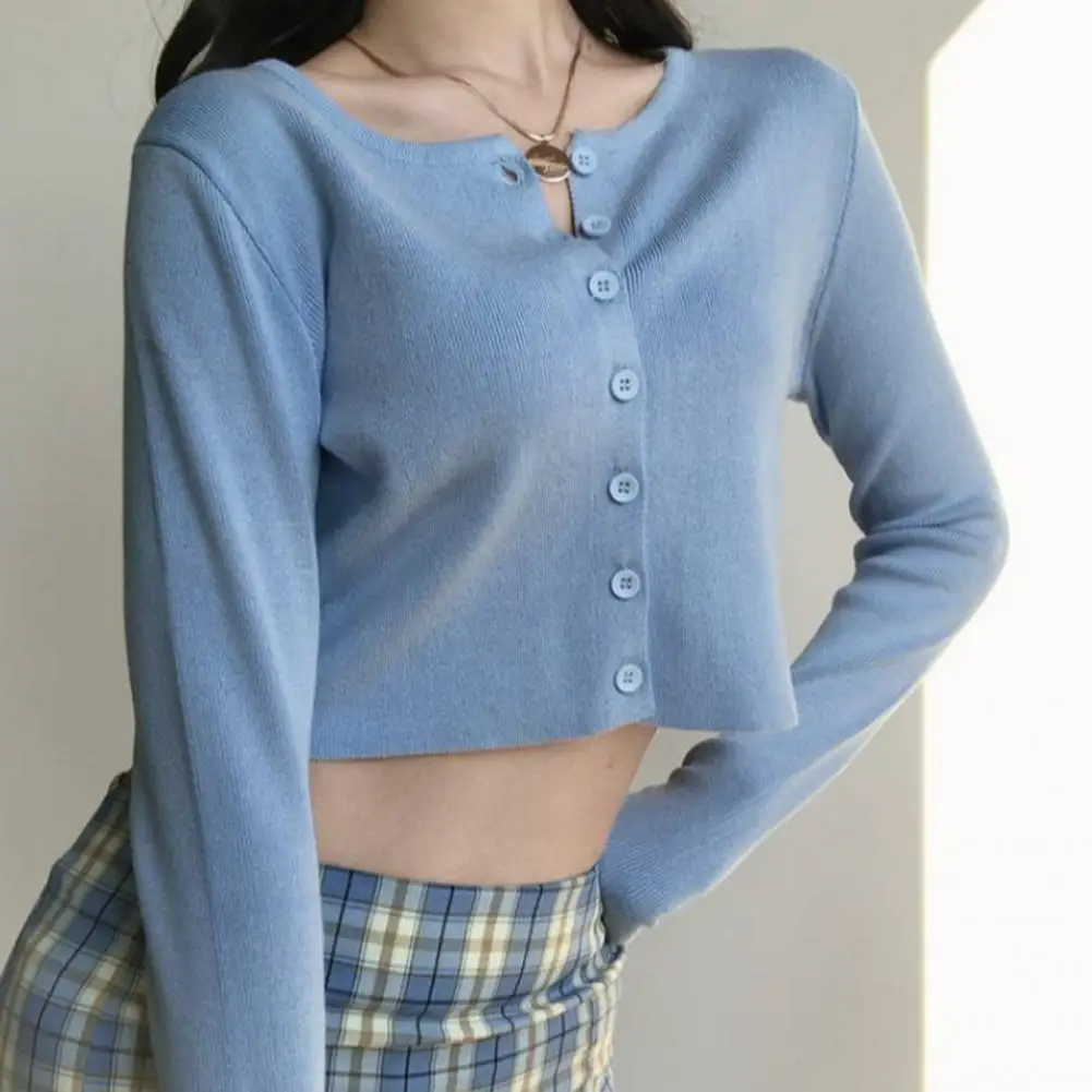 Korean O neck Short Knitted Sweaters Women Cardigan Long Sleeve Sun Open Front Button Up Crop Top Pullovers Shirt