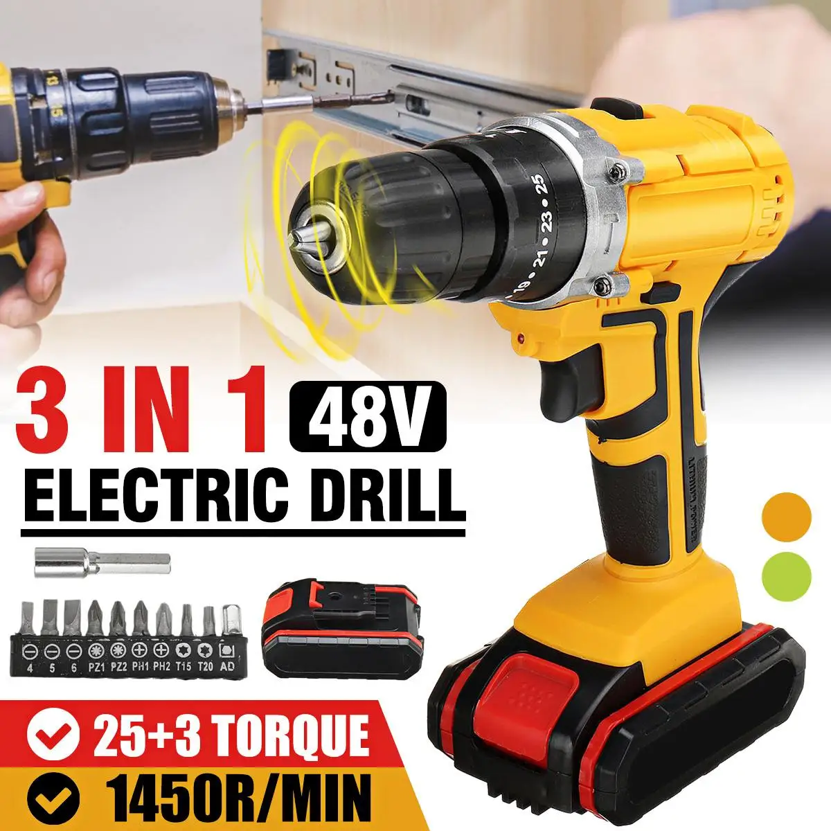 

48V Electric Drill Impact Drill Cordless Screwdriver 25+3 Torque Mini Cordless Drill Power Tools With 1 Rechargeable Battery