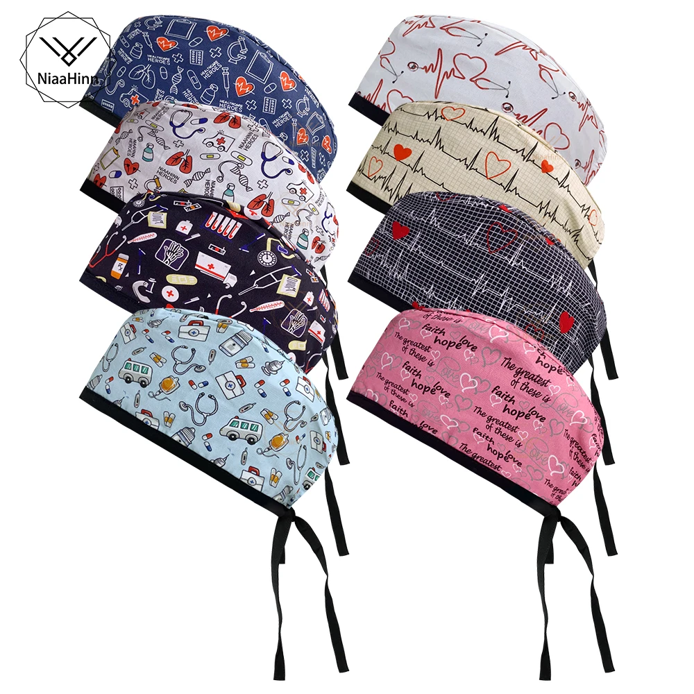 Wholesale Medical Clinic Nurse Women Scrub Hats Cartoon Printing Cotton Nursing Accessories Men Surgical Cap Doctor Work Cap