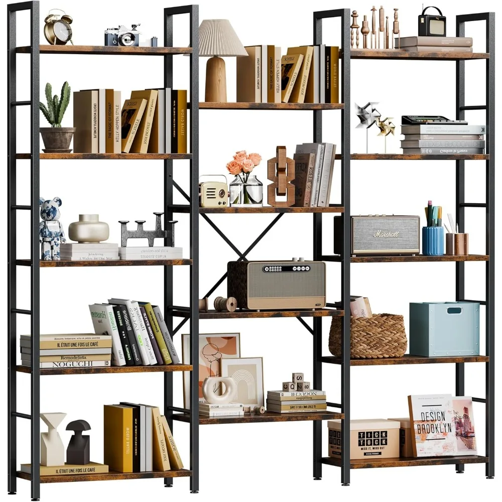 

Triple 5 Tier Bookshelf, Industrial Large Bookcase with 14 Open Display Shelves, Large Etagere Bookshelf,Wide Book Shelf Book C