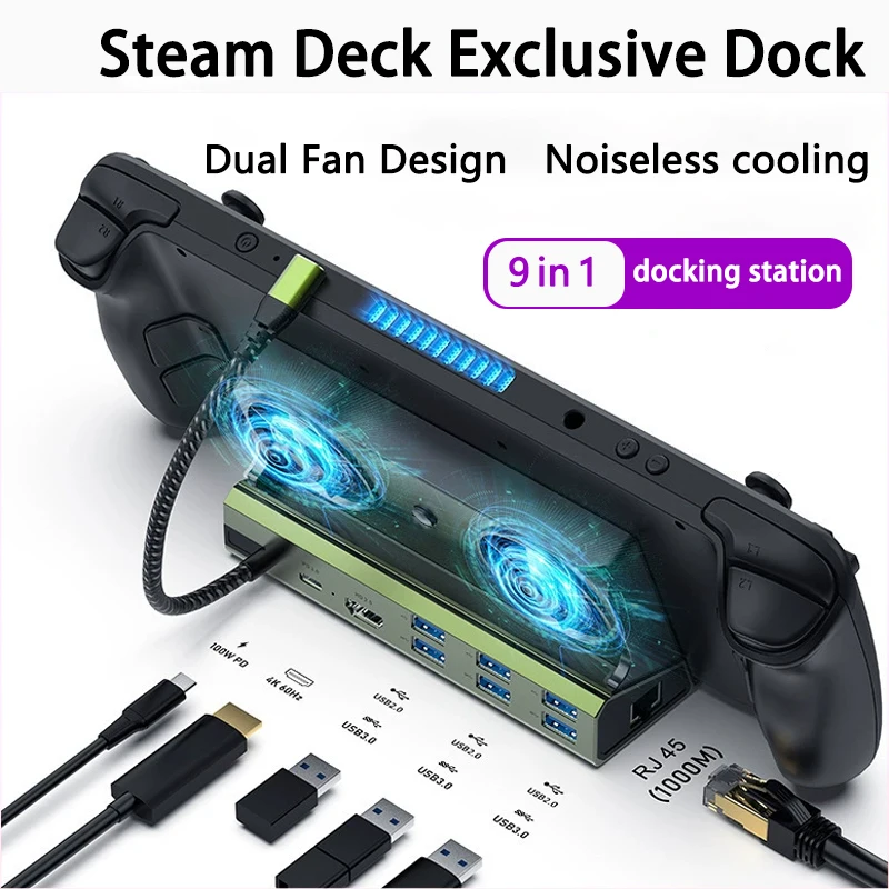 PD3.0 SD/TF RJ45 Detachable Fan for steamdeck ROG switch gaming docking station docking stand with M2  drive enclosure 4K/60Hz