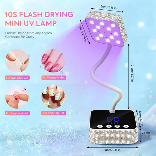 Imagen 2 del producto DianaBeauty Lámpara de uñas LED UV Secador de uñas recargable con diamantes de imitación plateados y 3 configuraciones de temporizador Luz UV de secado rápido para uñas