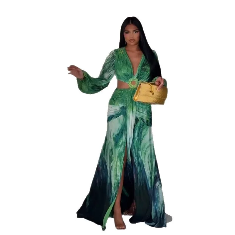 Abito da spiaggia floreale per le vacanze da donna sexy Elegante abito da festival tropicale con maniche lunghe Y2K con scollo a V scavato e spacco increspato