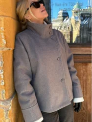 Trendy Stand Collar Woolen Solid Color Coat Vintage Long Sleeve Loose Jackets New Autumn Winter High Street Commuting Outerwear