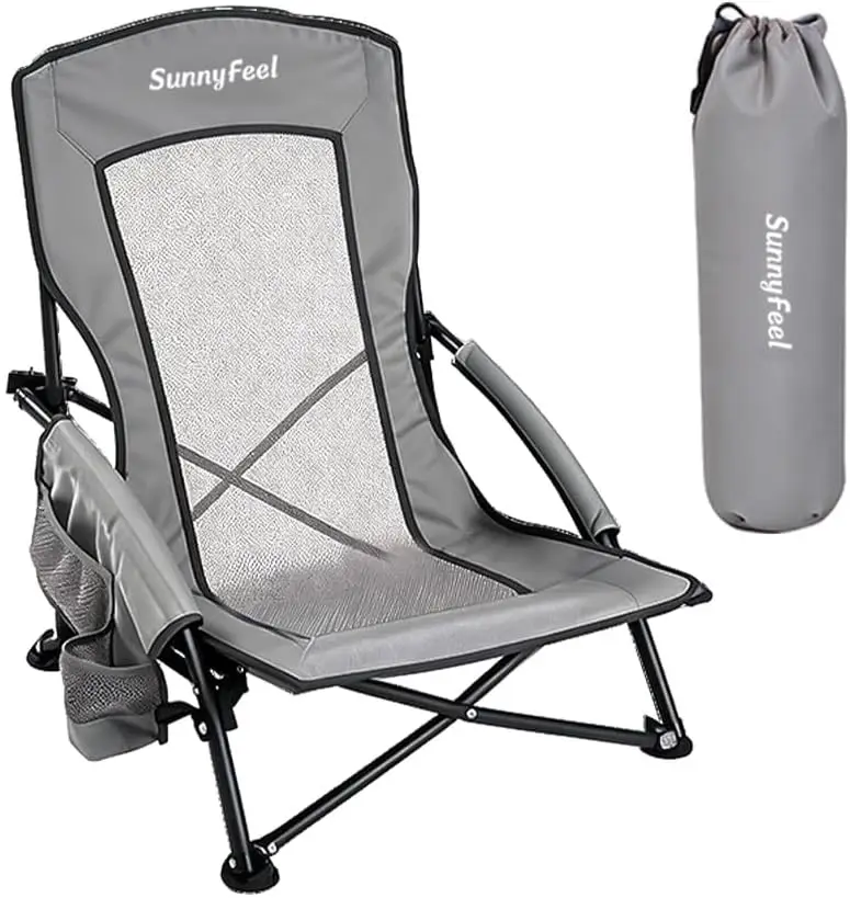Folding Low Camping Beach Chair 2 Pack, Lightweight Portable Lawn Chair with Mesh Back, Cup Holder for Outdoor Travel Picnic Concert, Foldable Camp Backpack Chair with Carry Bag