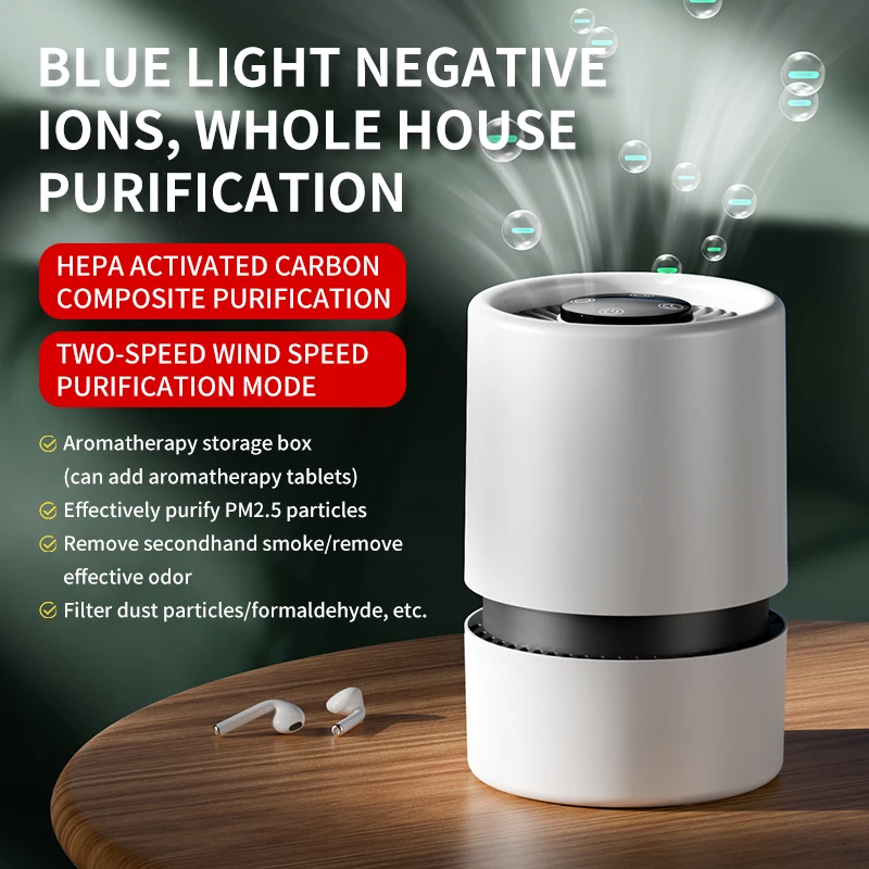 Portable Air Purifier HEPA Activated Carbon Composite Filter Blue Light Negative Ion 2 Speed Touch Control USB Type-C Quiet Night Mode Aroma Tank