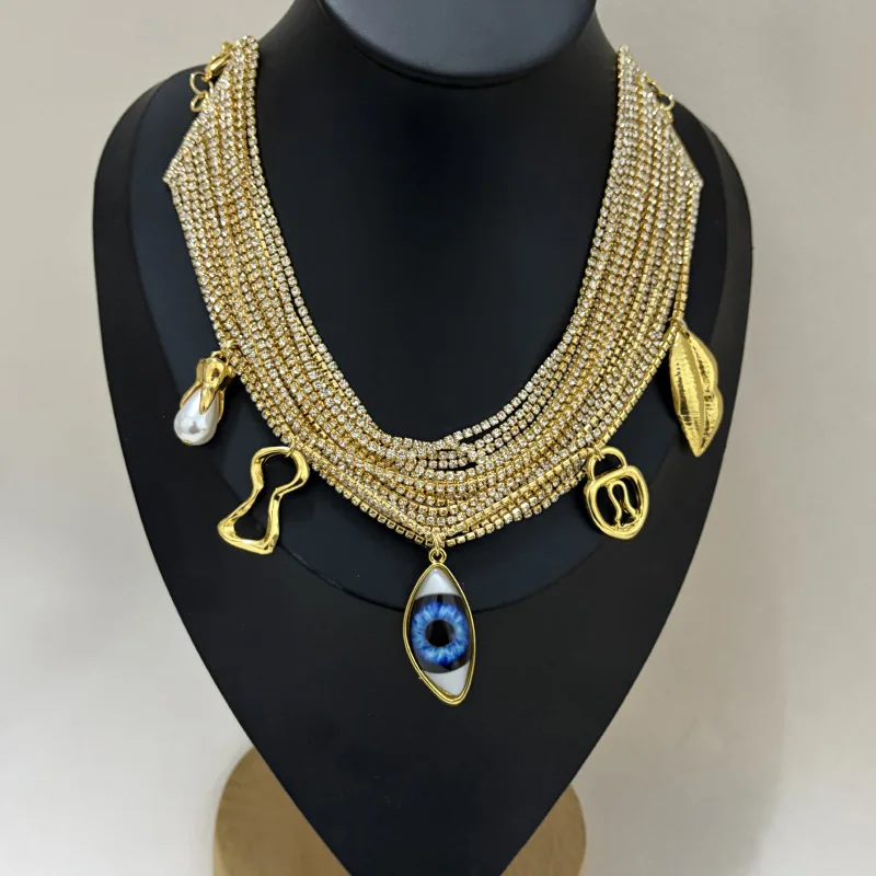 Luxurious Fashionable Multi-layered Sequined Fringed Necklace Eyes Lips Elegant Women's High End Banquet Collar Necklace
