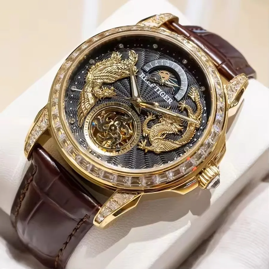 Reef Tiger Men Automatic Watch 42.7mm Mechanical Wristwatch Luminous Sapphire Mirror Flyback 24 Hours Dragon Phoenix Dial