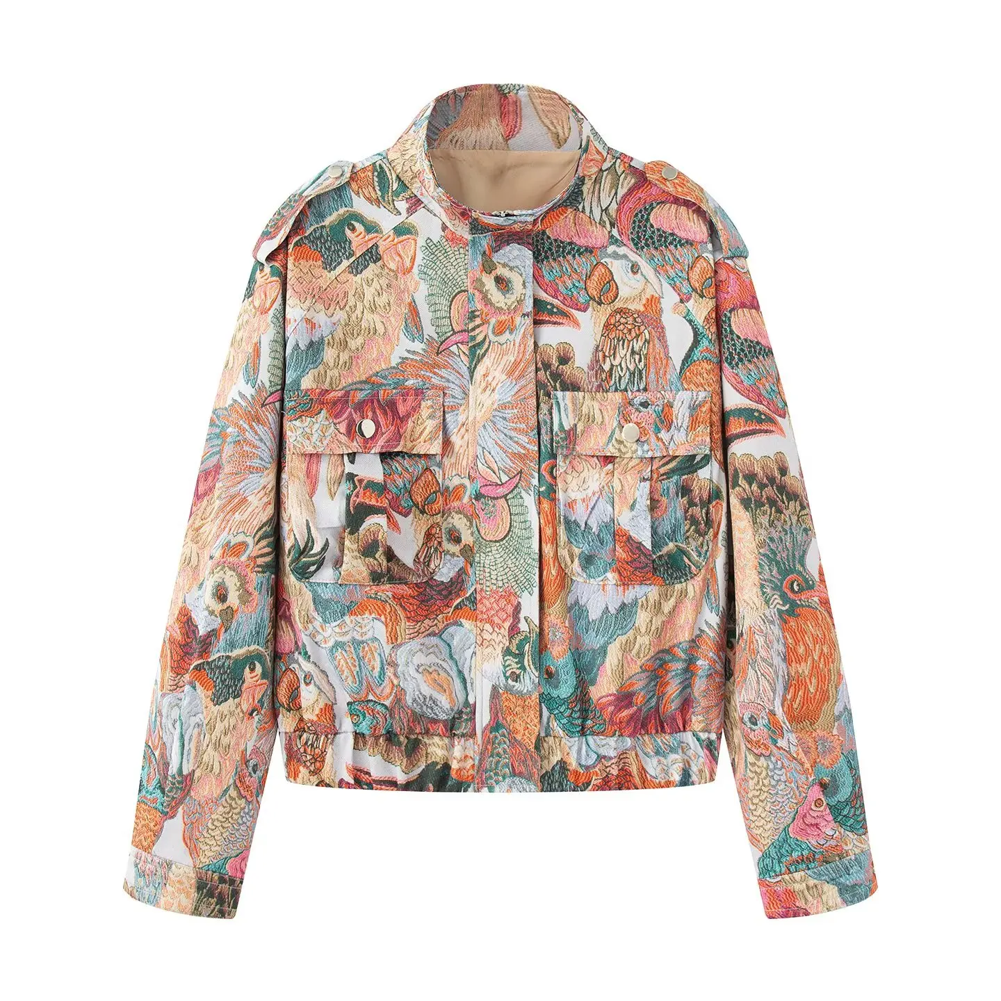 

MYST&ZA Women's Autumn New Exquisite Peacock Print Casual Fashion High Collar Long Sleeve Short Jacket Coat
