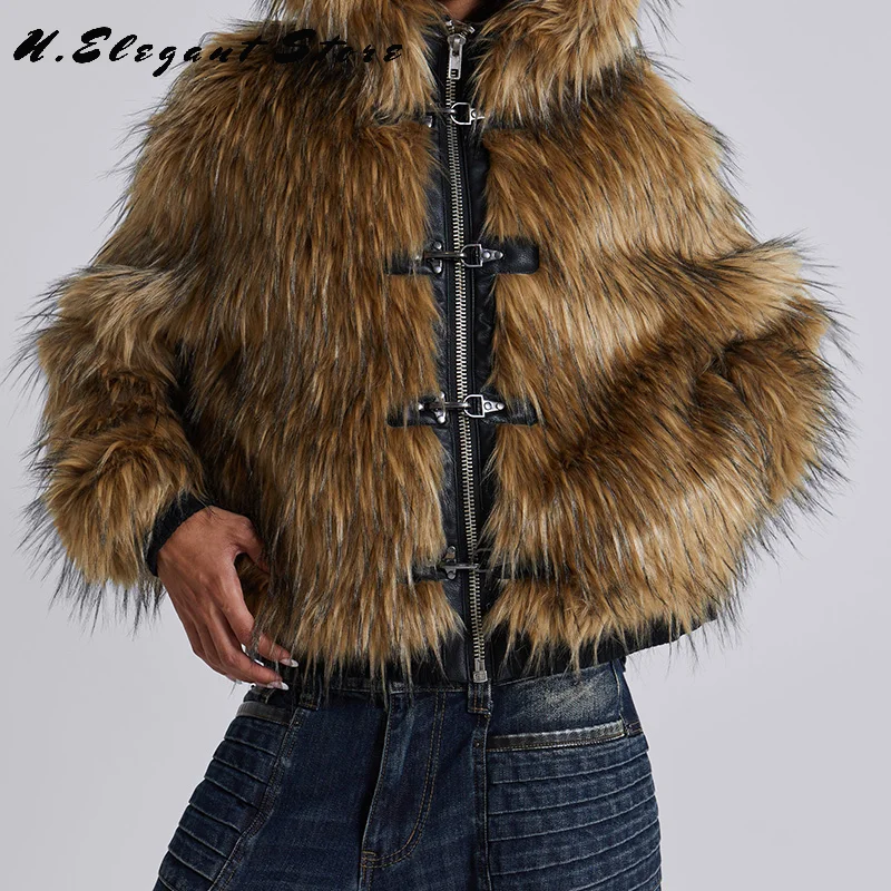 Vintage Punk Faux Fur Coat For Women Zipper Long Sleeve Thick Jacket 2024 Winter Hooded Brown Warm Coat New Lady Y2k Outerwears