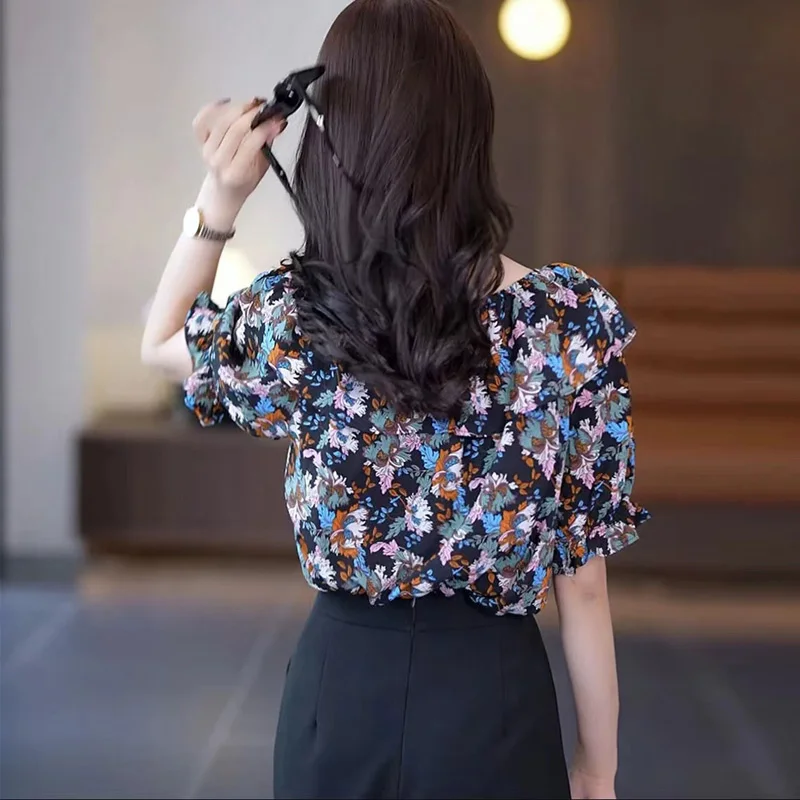 Fashion Off Shoulder Floral Shirt Tops Summer New Short Sleeve Loose All-match Print Office Blouse Vintage Elegant Women Clothes