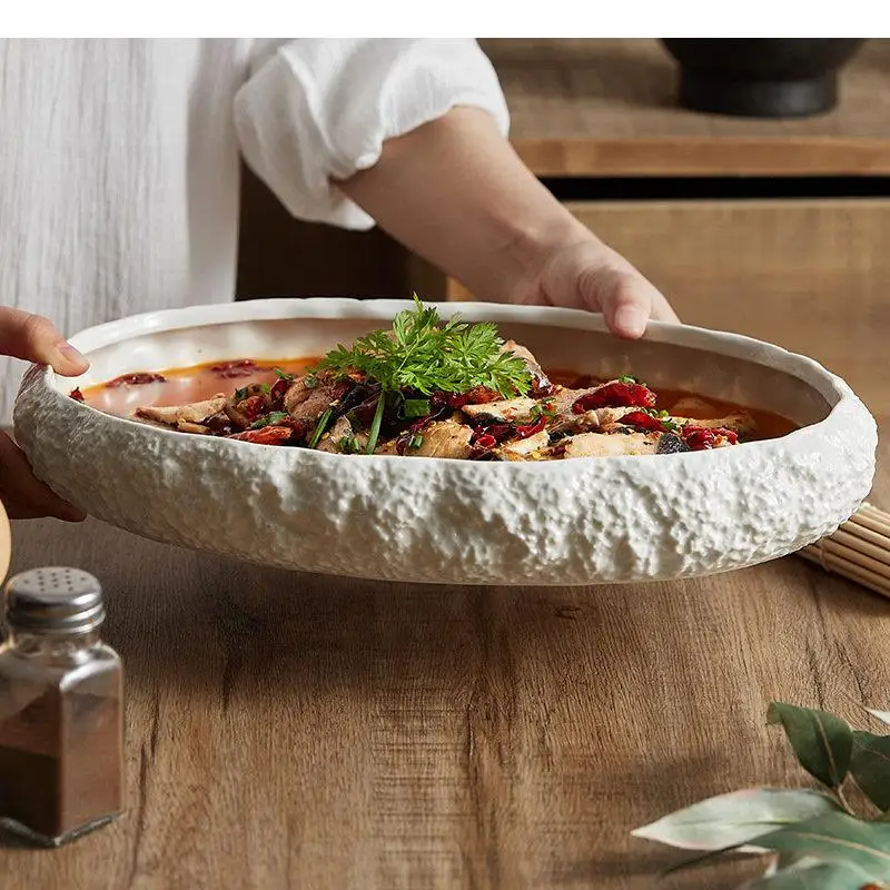 Rock Texture Ceramic Main Dish Plate Kitchen Household Pasta Steak Pure White Characteristic Tableware