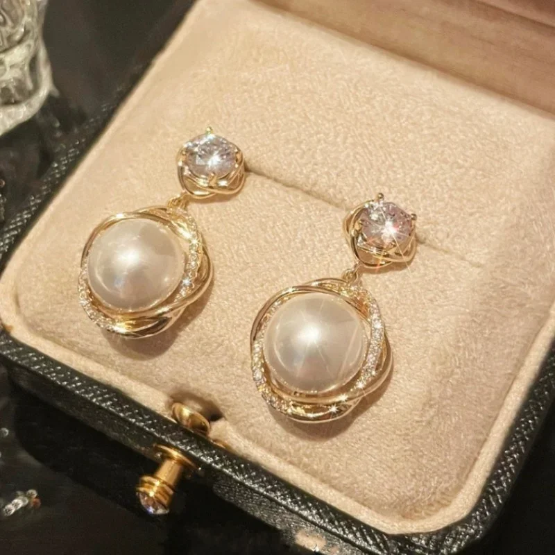 Korean New Cute Big Imitation Pearl Drop Earrings for Women Fashion Luxury Zircon Stud Earring Wedding Jewelry Gifts Wholesale