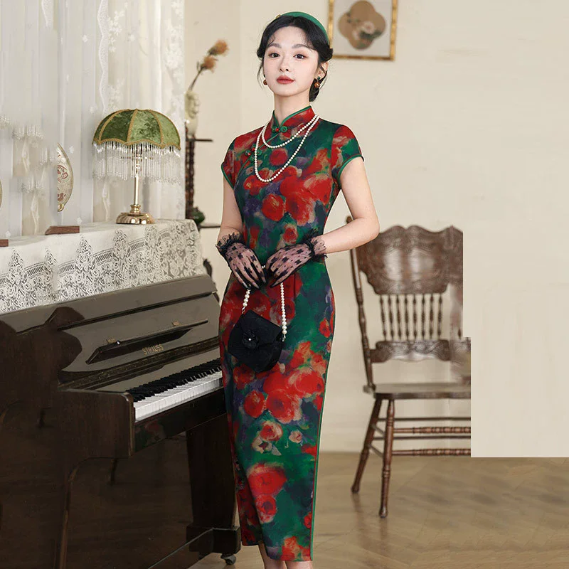 

Старый Шанхай Ретро Большой Цветок Cheongsam Темперамент 2025 Новое улучшение Весна/Лето Платье Ципао