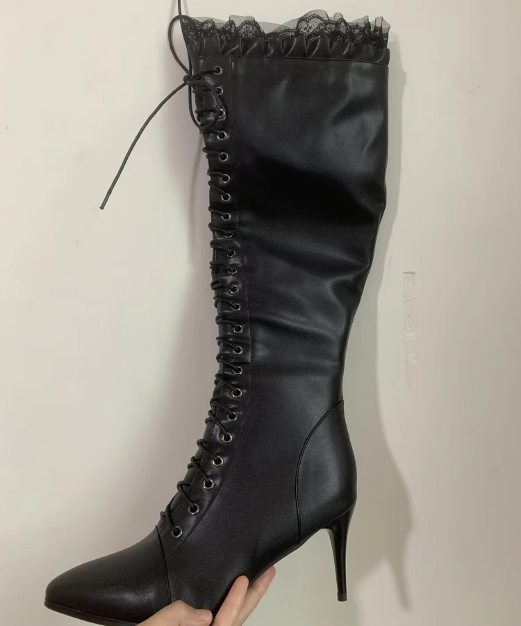 Genuine Leather Women\'s High Knee Boots Winter Shoes Sweet Elegant Lace Up Black High Heels Party Shoes Girls Boot Large Size 48