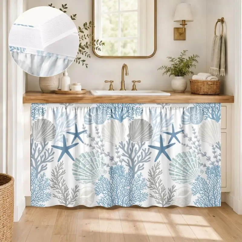 VIKAMA Nautical Blue Sea Shell Pattern Hook and Loop Under Sink Skirt No Drill Multiscene Cabinet Curtain Beach Home Decor Cover - view 3